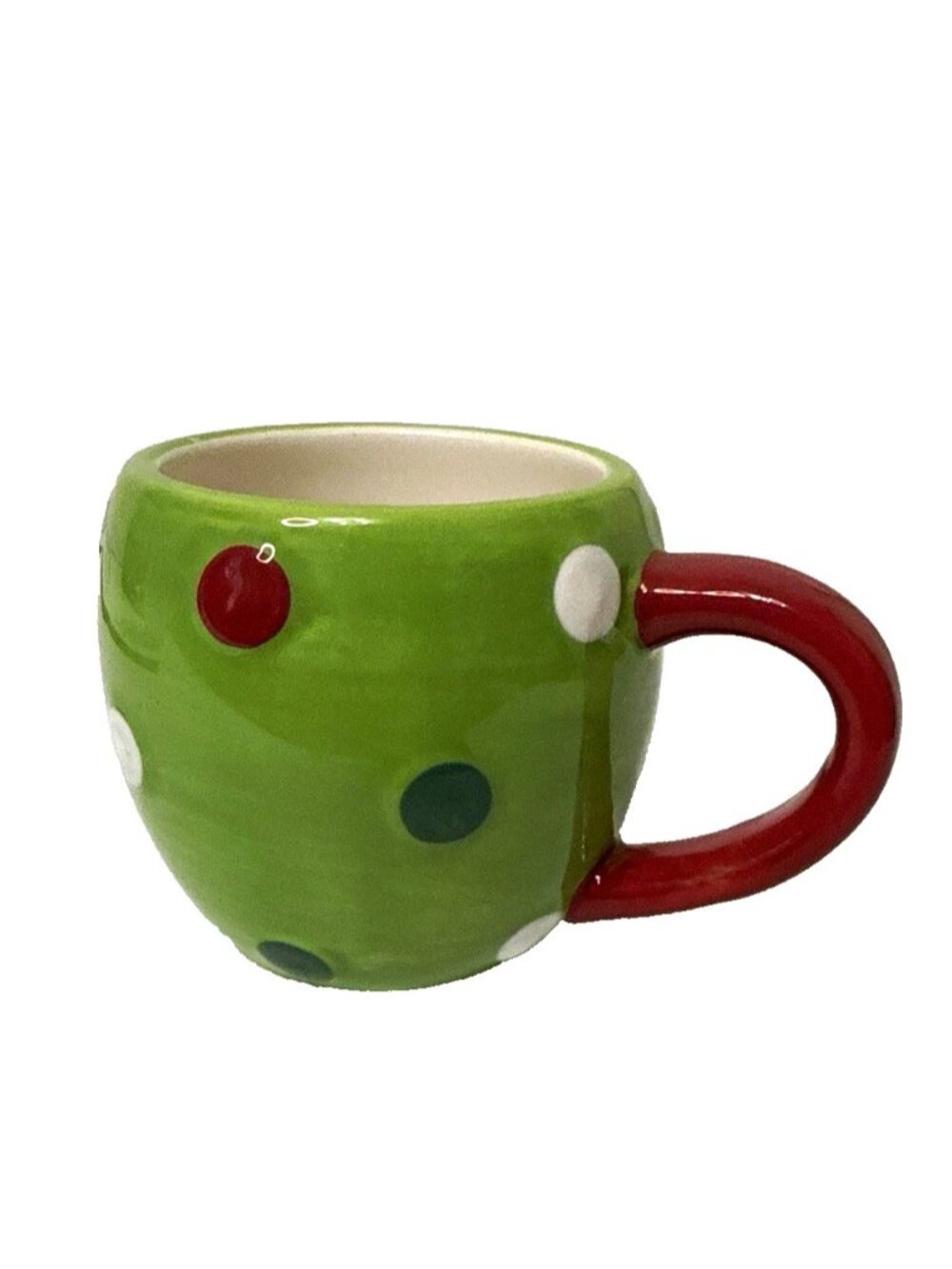 Green Polka Dot Ceramic Coffee Mug Red Handle 8 fl oz Microwave Dishwasher Safe